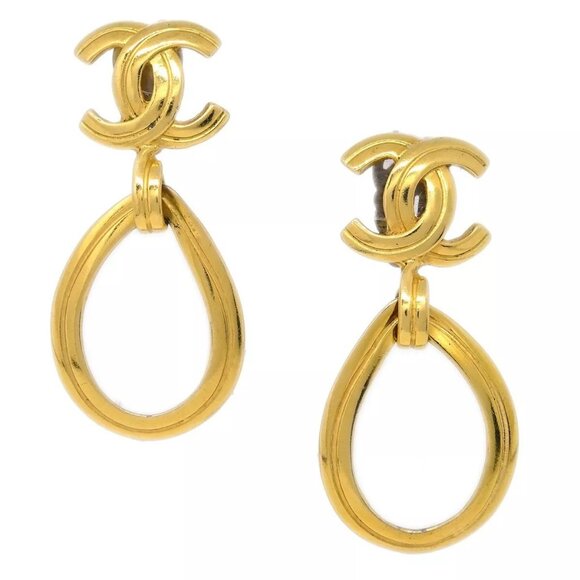 AUTHENTICITY GUARANTEED Chanel Dangle Hoop Earrings Gold Clip-On - Picture 1 of 5